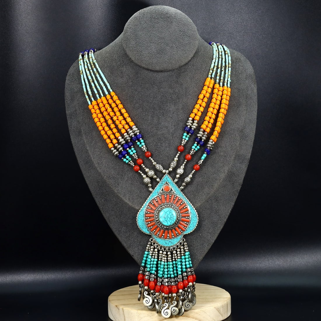 Vintage Himalayan Tibetan Bohemian Tribal Silver Inlaid Coral Turquoise & Lapis Pendant Necklaces: 26''Inches Weight: 140 grams