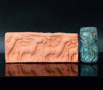 Ancient Mesopotamian Bronze Cylinder Stamp Seal with Modern Impression: 3.8x1.5cm Weight: 66grams