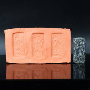 Ancient Mesopotamian Tri Facial Cylinder Stamp Seal with Modern Impression: 2.5x1.5cm Weight: 8grams