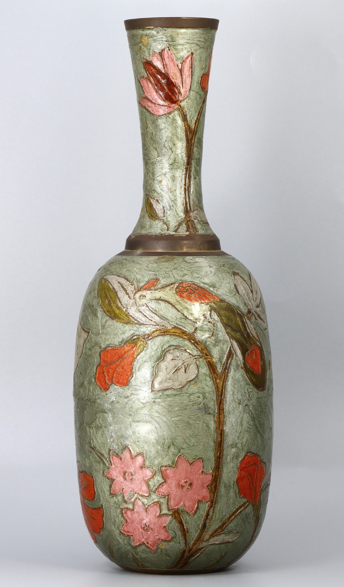 11.8" Antique Japanese Meiji Period Cloisonne Enamel Bronze Flower Vase: 30x13cm Weight: 1000 grams