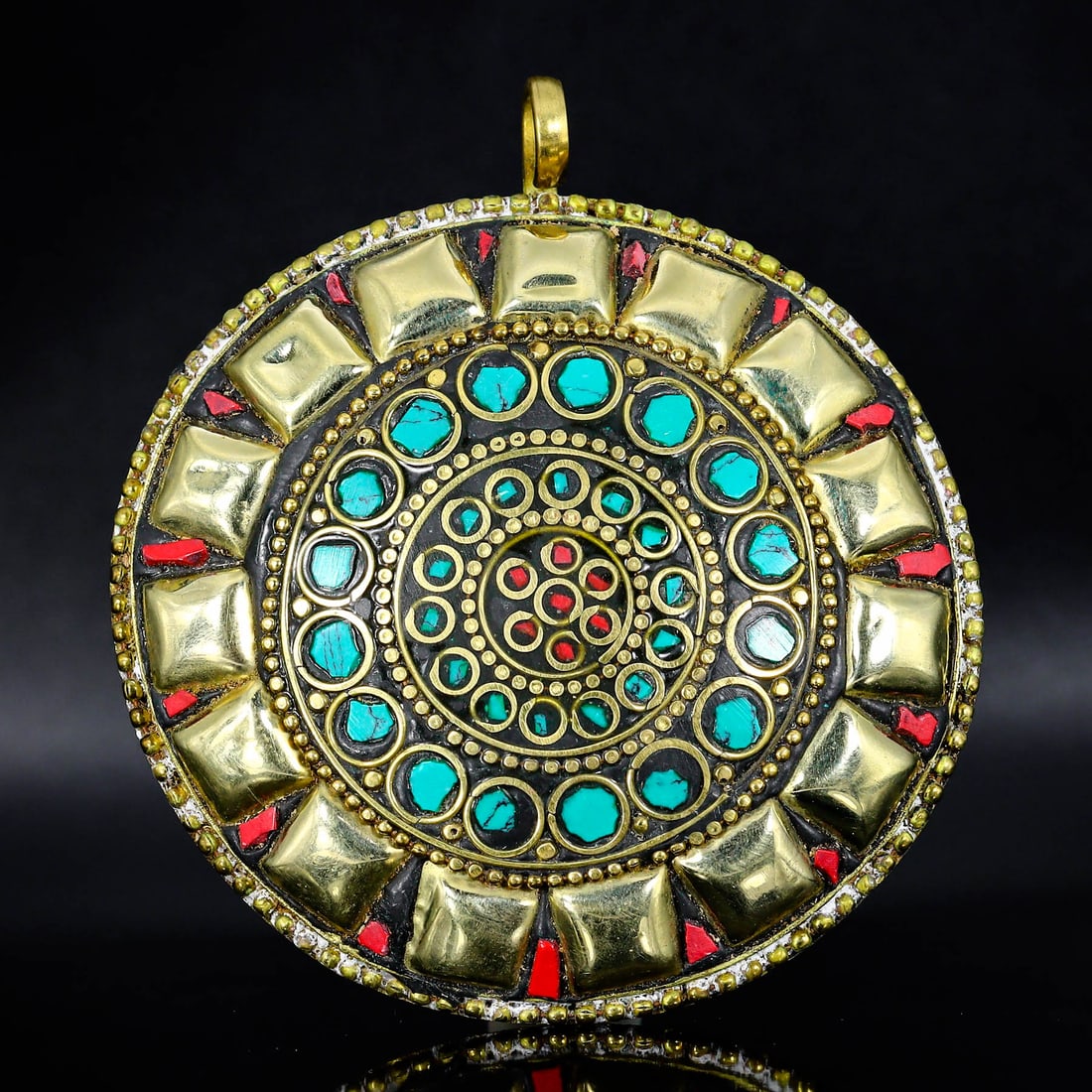 Vintage Tibetan Huge Size Coral Red & Turquoise Blue Chips Inlaid Brass Pendant Locket: 9x8cm Weight: 104 grams