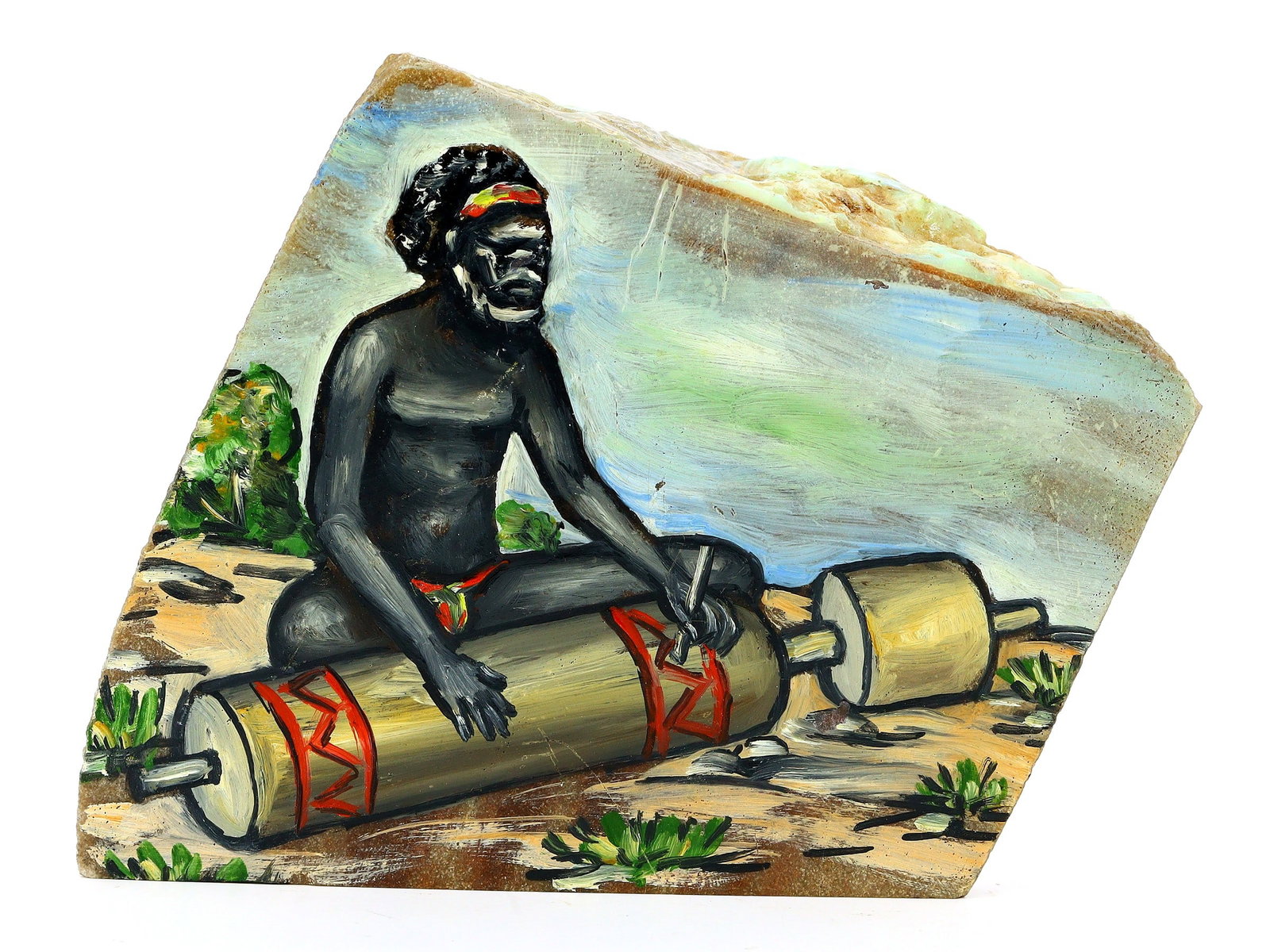 Rare Australian Aboriginal Oil Painting on Natural Boulder Opal Stone Gems: 8.5x8.5cm Weight: 290 grams