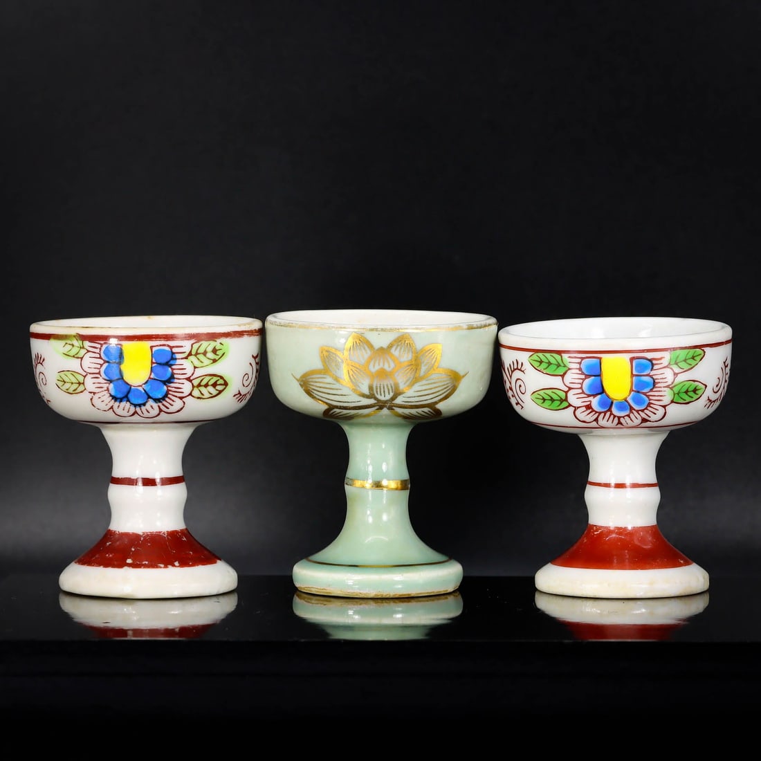 Collection of Three Japanese French Whisk Celadon Porcelain Goblet Cup: 6x5cm Weight: 216 grams