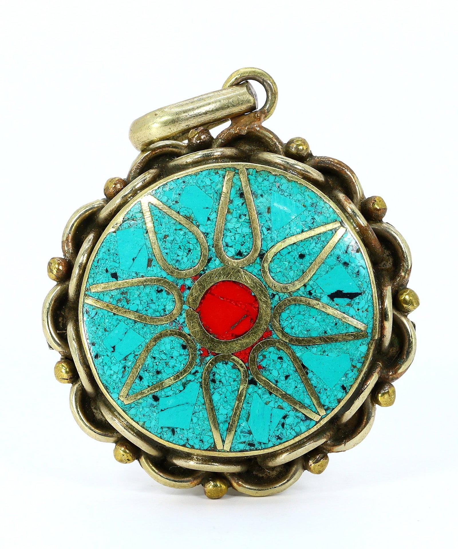 Vintage Tibetan Turquoise Blue & Coral Red Chips Inlaid Brass Pendant Locket: 4x3.5cm Weight: 17.6 grams