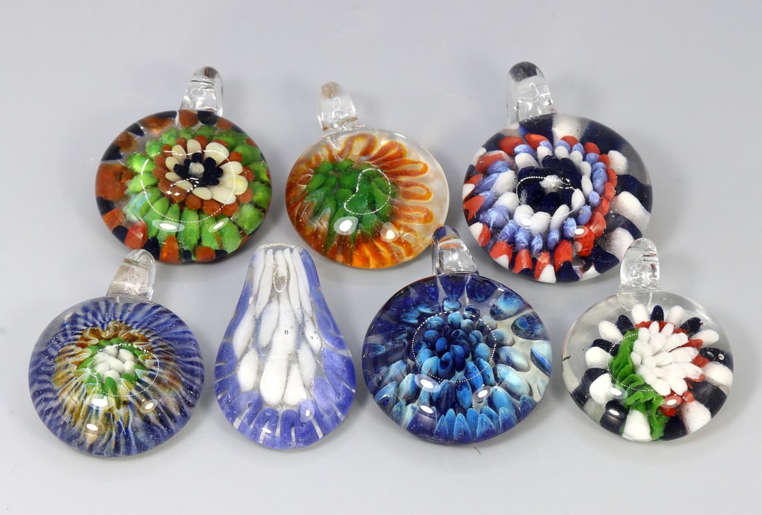 Set of 7 Hand Blown Flower Glass Paperweights Art Glass Jewelry (1 of 2)