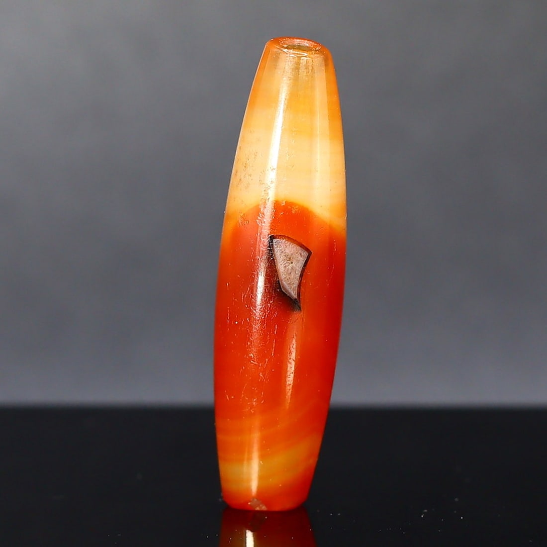 Lopburi Bead Old Indo China Tibetan Pyu Cylinder Bead with Central Striped Pattern: 35x9.2mm Weight: 5 grams