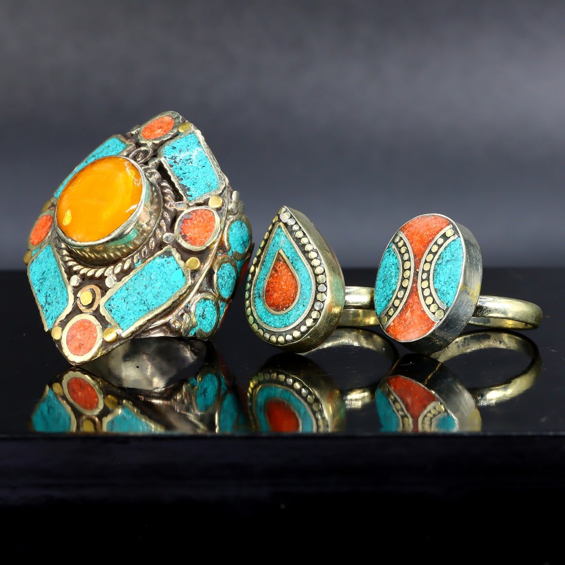 Collection of Tibetan Vintage Ring Jewelry: 6US - 10US Weight: 62 grams