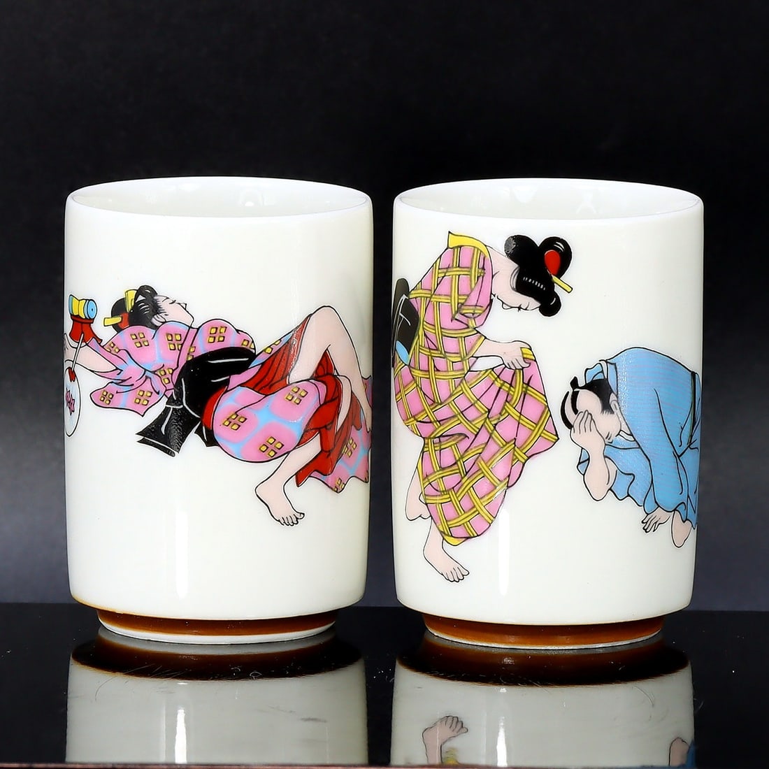 Two Oriental Asian Japanese Artistic Geisha Porcelain Sake Cups (1 of 3)