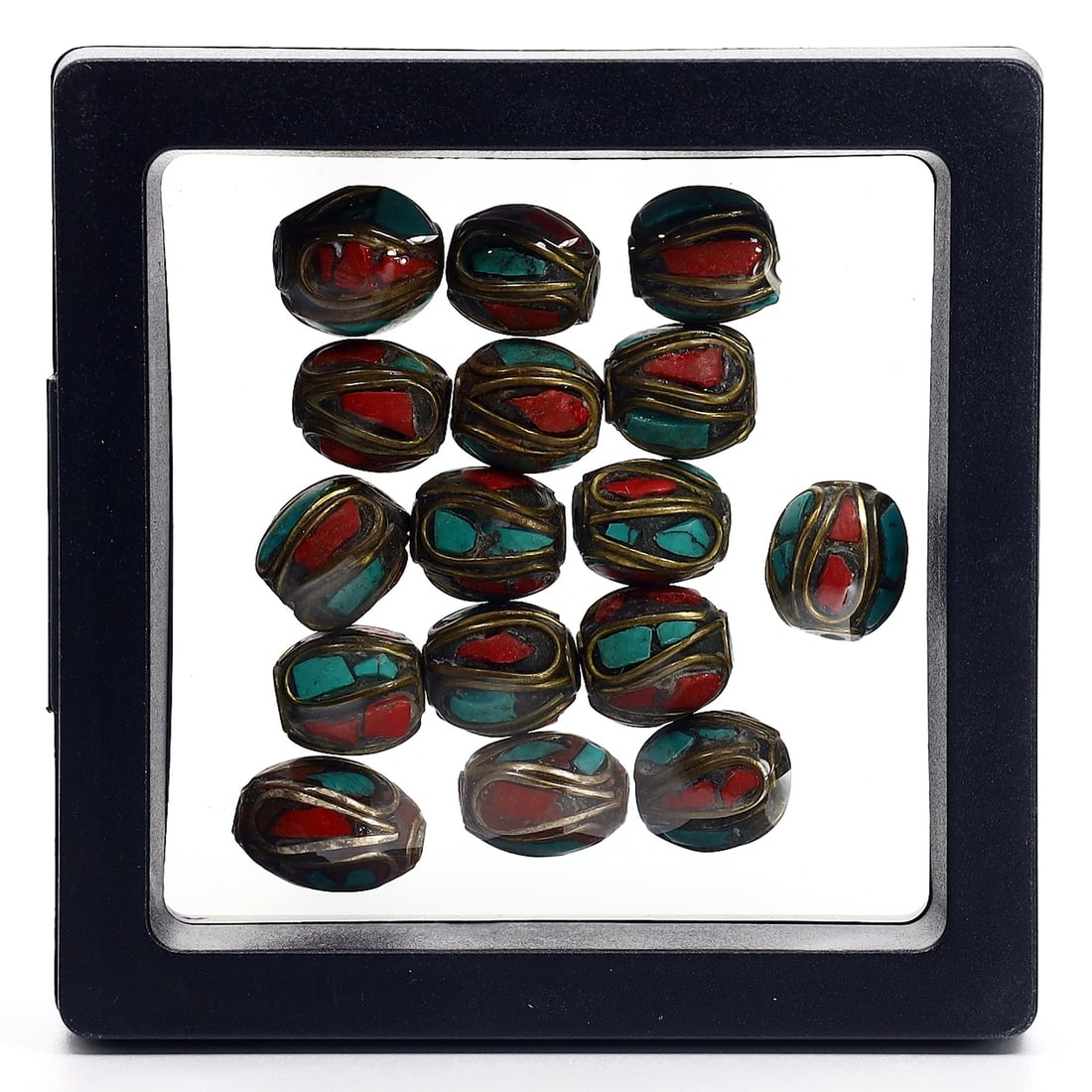 Collection of Vintage Tibetan Turquoise Coral Inlay Pendant Beads: 11x10mm Weight: 25 grams