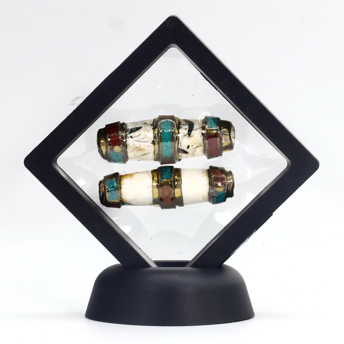 Vintage Tibetan Turquoise Blue Coral Red & Shell Inlaid Brass Pendant Beads (1 of 2)