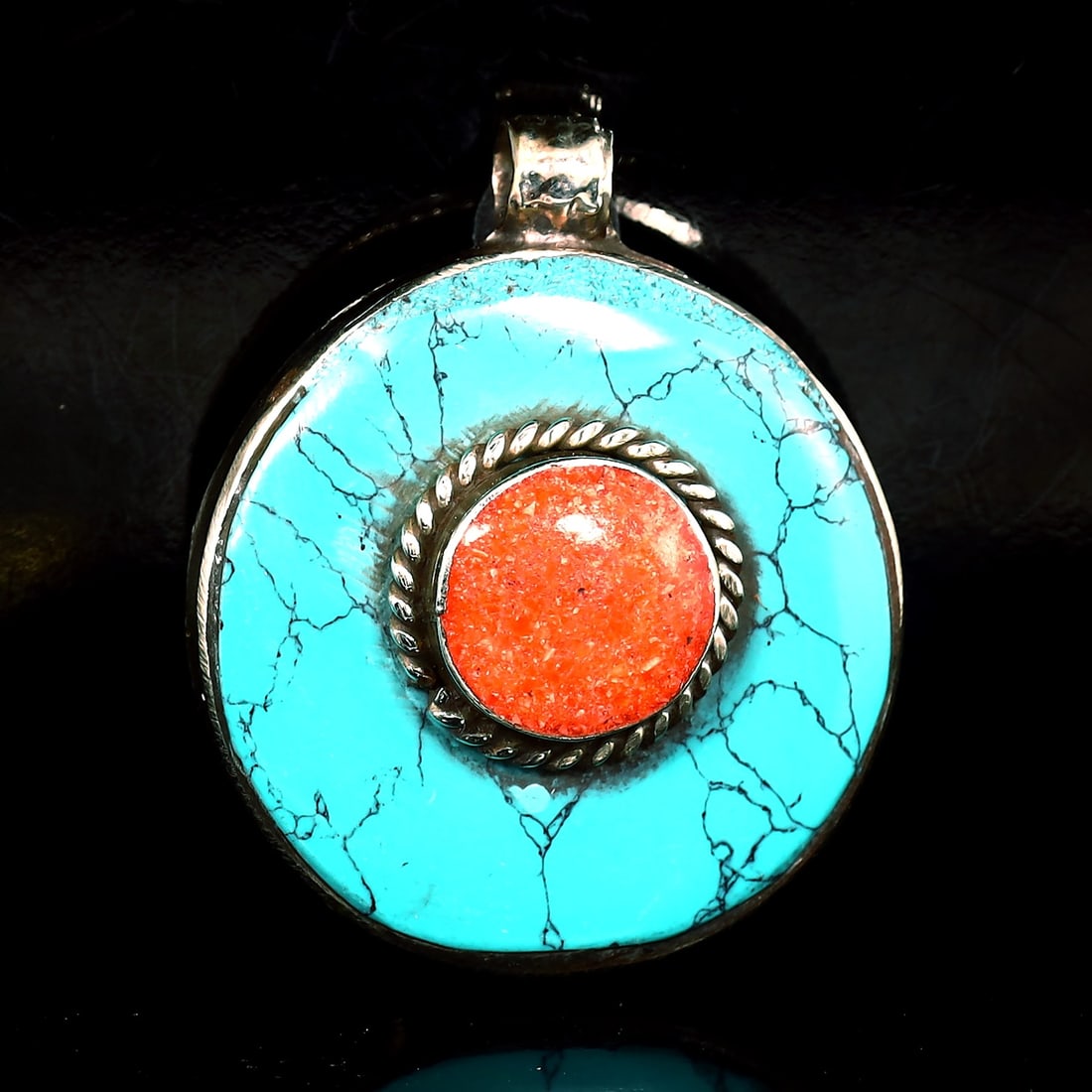Vintage Himalayan Tibetan Bohemian Tribal Silver Inlaid Coral & Turquoise Locket Pendant: 4x3cm Weight: 29.2 grams