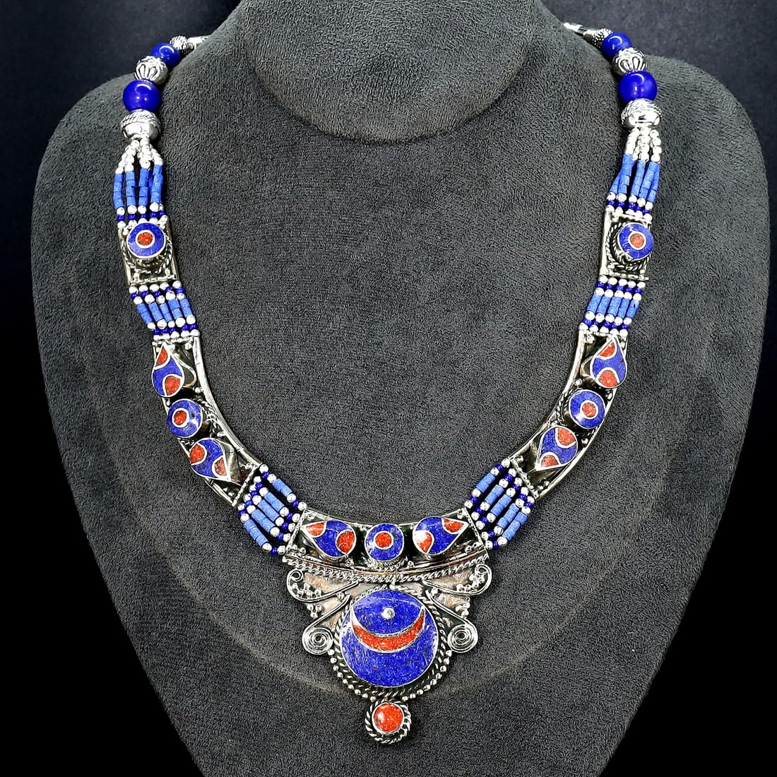 Vintage Himalayan Tibetan Bohemian Tribal Silver Inlaid Coral & Lapis Pendant Necklaces: 18''Inches Weight: 133 grams