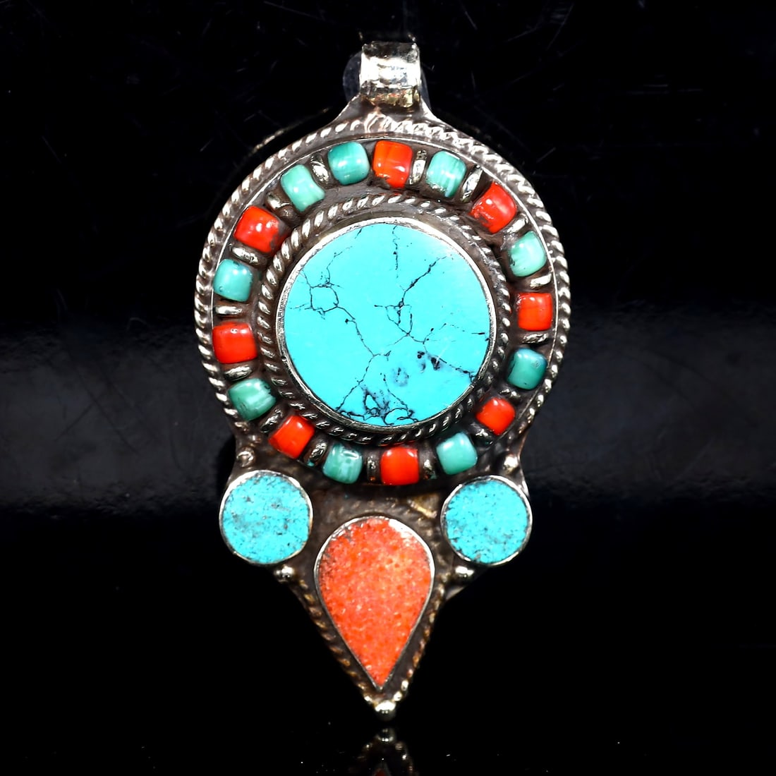 Vintage Himalayan Tibetan Bohemian Tribal Silver Inlaid Coral & Turquoise Locket Pendant: 6x3cm Weight: 35.5 grams