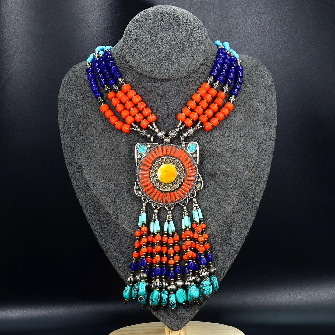 Vintage Himalayan Tibetan Bohemian Tribal Silver Inlaid Coral Turquoise & Lapis Pendant Necklaces: 26''Inches Weight: 166 grams
