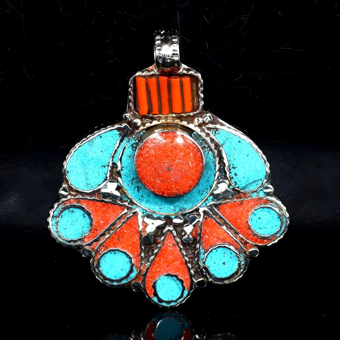 Vintage Himalayan Tibetan Bohemian Tribal Silver Inlaid Coral & Turquoise Locket Pendant: 6x5.5cm Weight: 26 grams