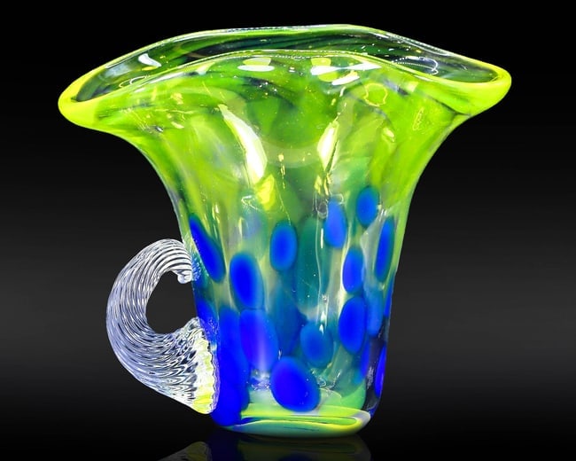5.7" Vintage Hand Blown Blue & Green Glass Pitchers with Fluted Edge: 14x12cm Weight: grams