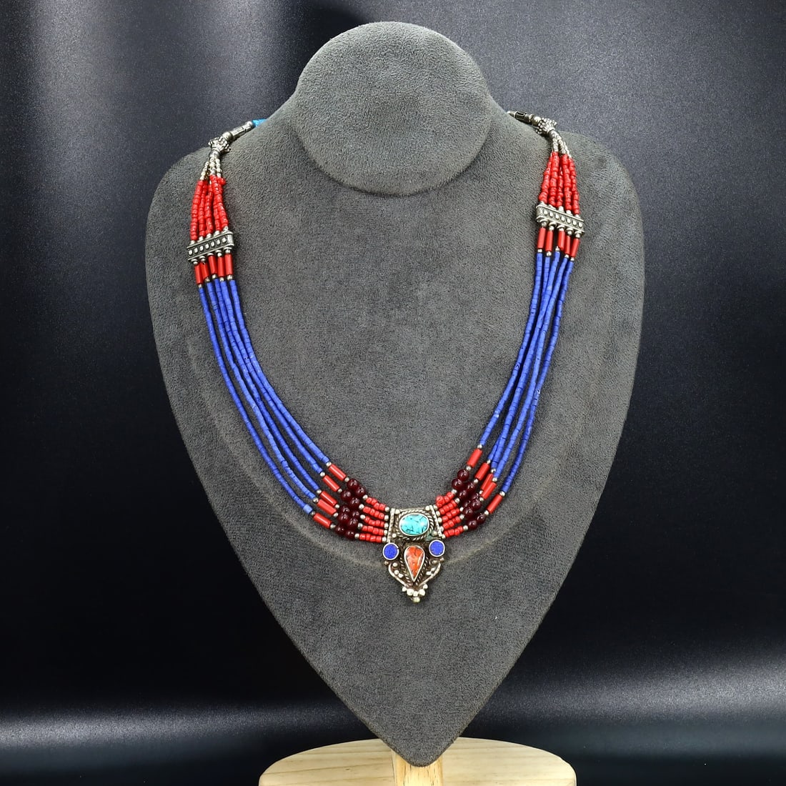 Vintage Himalayan Tibetan Bohemian Tribal Silver Inlaid Coral Turquoise & Lapis Pendant Necklaces: 19''Inches Weight: 14 grams