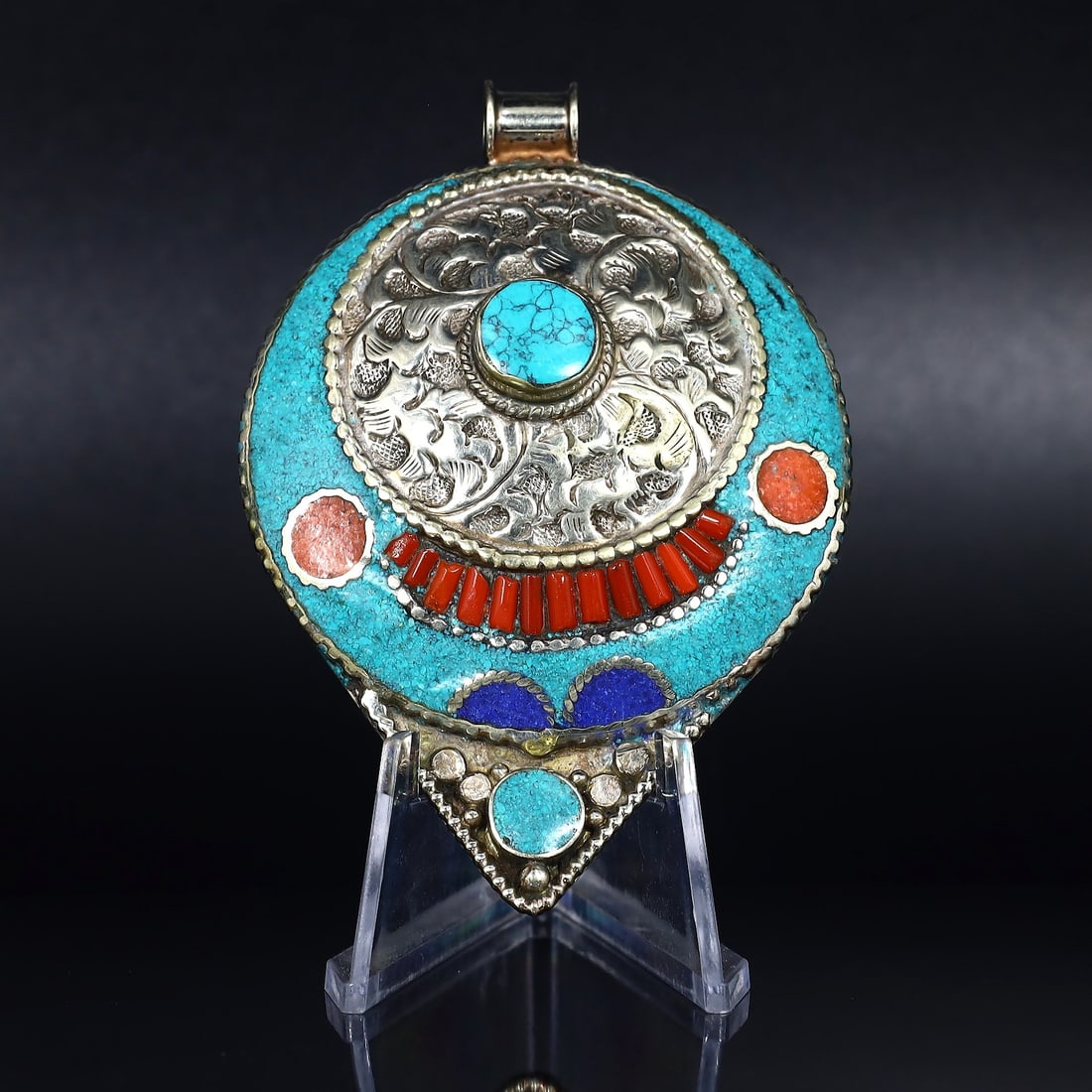 Vintage Himalayan Tibetan Bohemian Tribal Silver Inlaid Coral & Turquoise Locket Pendant: 8x6cm Weight: 51.6 grams