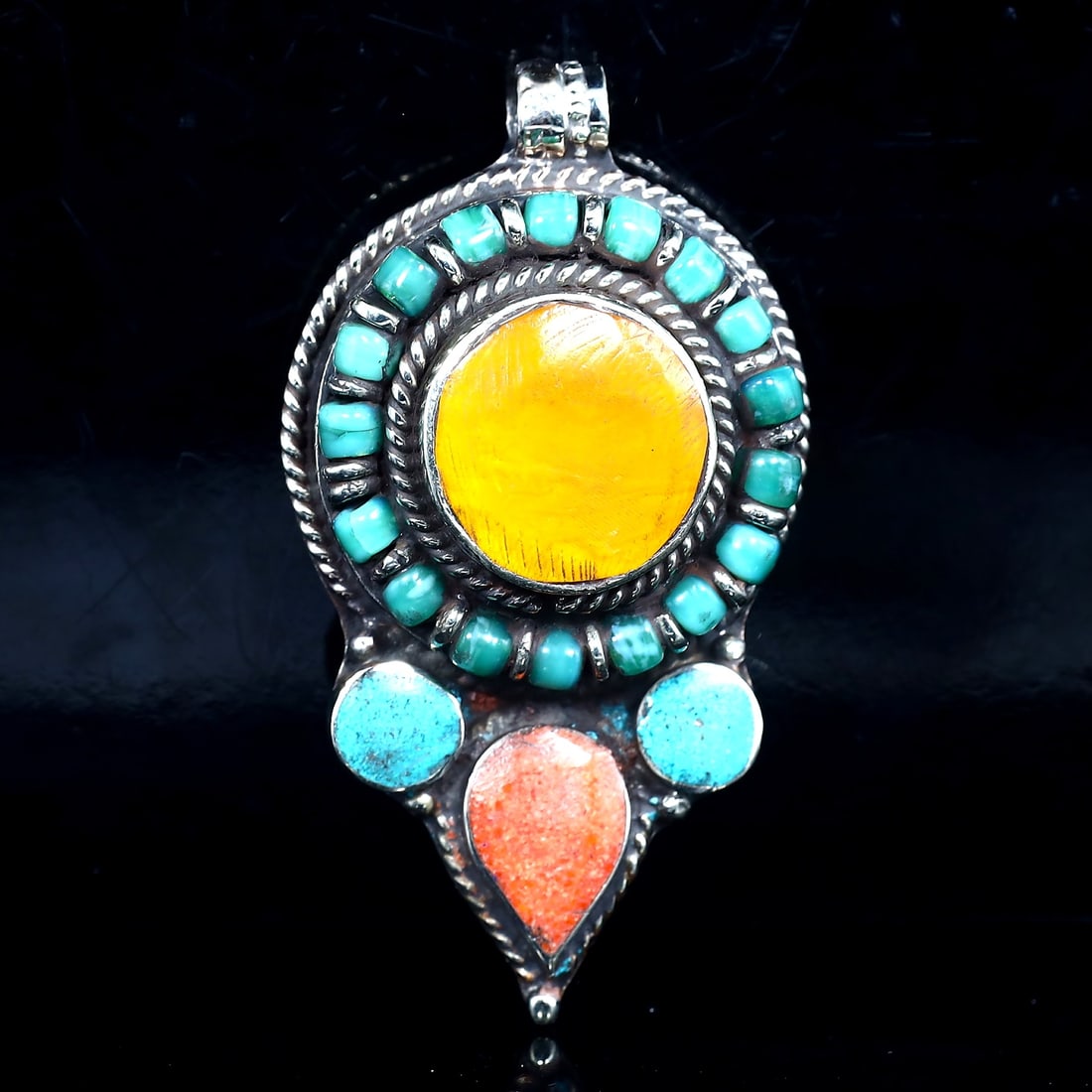 Vintage Himalayan Tibetan Bohemian Tribal Silver Inlaid Coral & Turquoise Locket Pendant: 6.5x3.5cm Weight: 42 grams