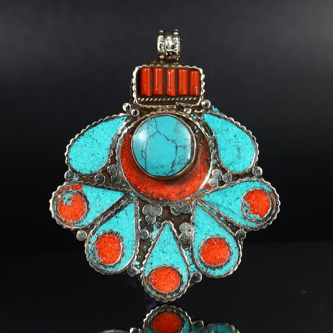 Vintage Himalayan Tibetan Bohemian Tribal Silver Inlaid Coral & Turquoise Locket Pendant: 6x5cm Weight: 26.4 grams