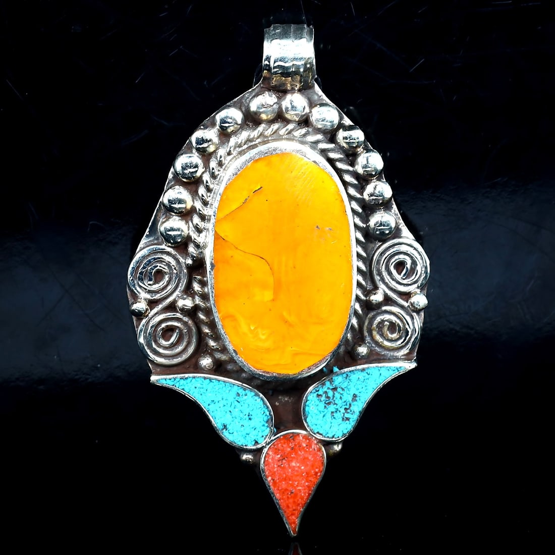 Vintage Himalayan Tibetan Bohemian Tribal Silver Inlaid Coral & Turquoise Locket Pendant: 6x3.5cm Weight: 28 grams
