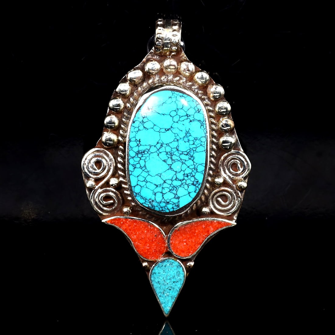 Vintage Himalayan Tibetan Bohemian Tribal Silver Inlaid Coral & Turquoise Locket Pendant: 6x3.5cm Weight: 30 grams