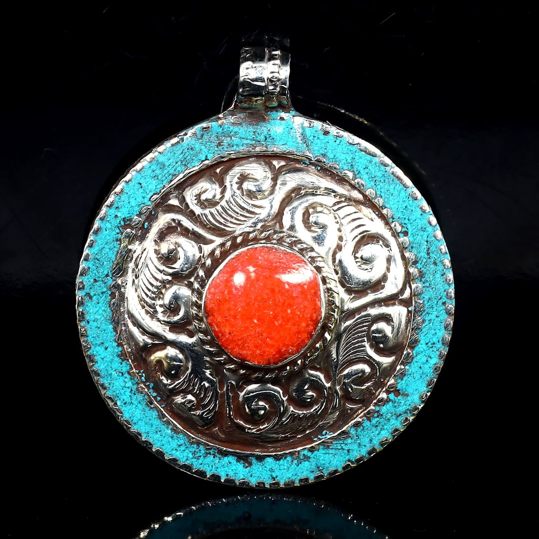 Vintage Himalayan Tibetan Bohemian Tribal Silver Inlaid Coral & Turquoise Locket Pendant: 5x4cm Weight: 29 grams