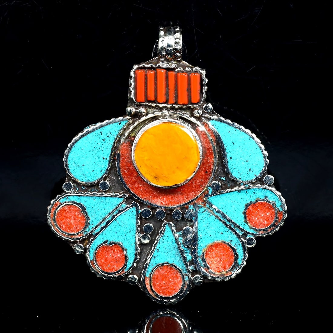 Vintage Himalayan Tibetan Bohemian Tribal Silver Inlaid Coral & Turquoise Locket Pendant: 6x5cm Weight: 26.2 grams