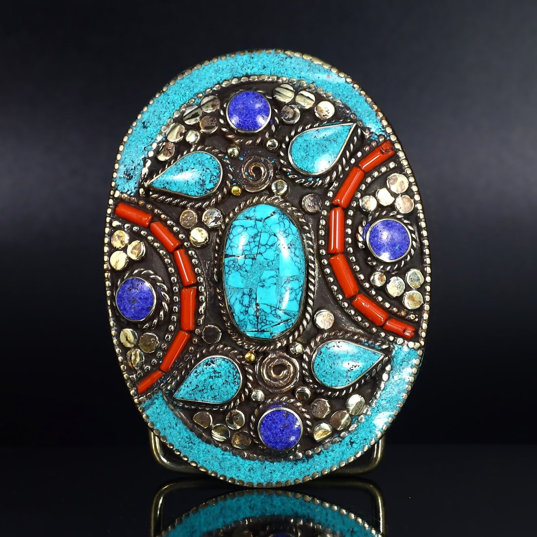 Vintage Himalayan Tibetan Bohemian Tribal Silver Inlaid Coral Turquoise & Lapis Belt Buckle (1 of 2)