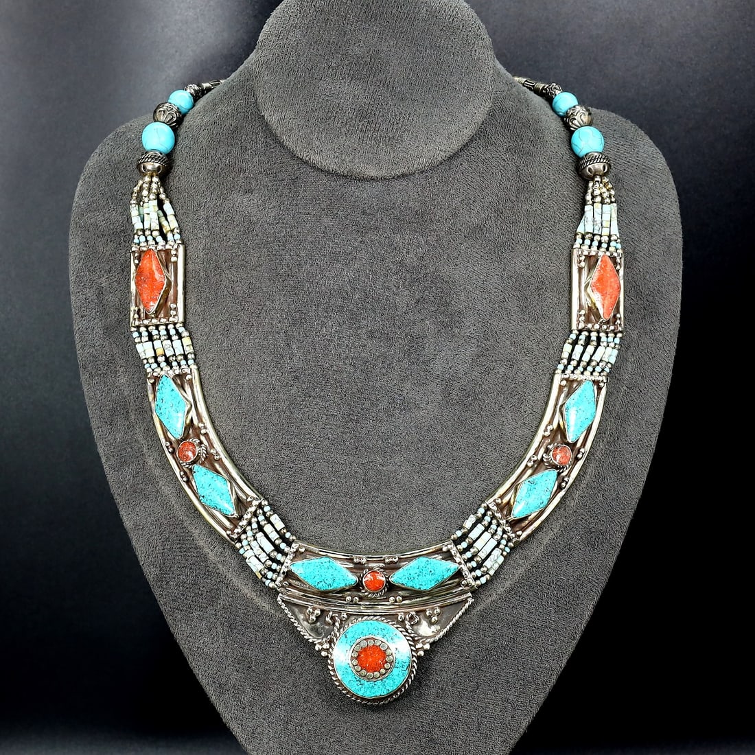 Vintage Himalayan Tibetan Bohemian Tribal Silver Inlaid Coral & Turquoise Pendant Necklaces: 19''Inches Weight: 136 grams
