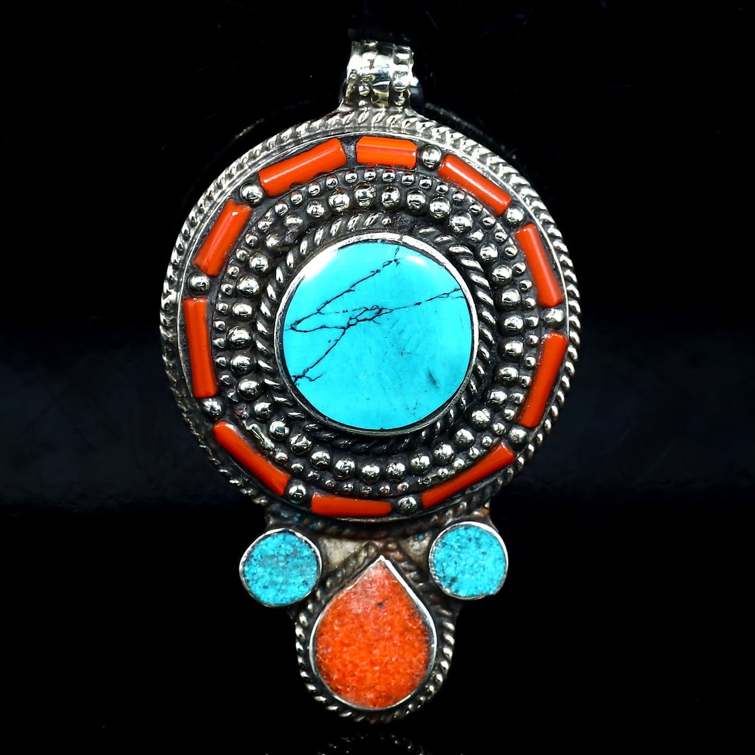 Vintage Himalayan Tibetan Bohemian Tribal Silver Inlaid Coral & Turquoise Locket Pendant: 6x3.5cm Weight: 38 grams