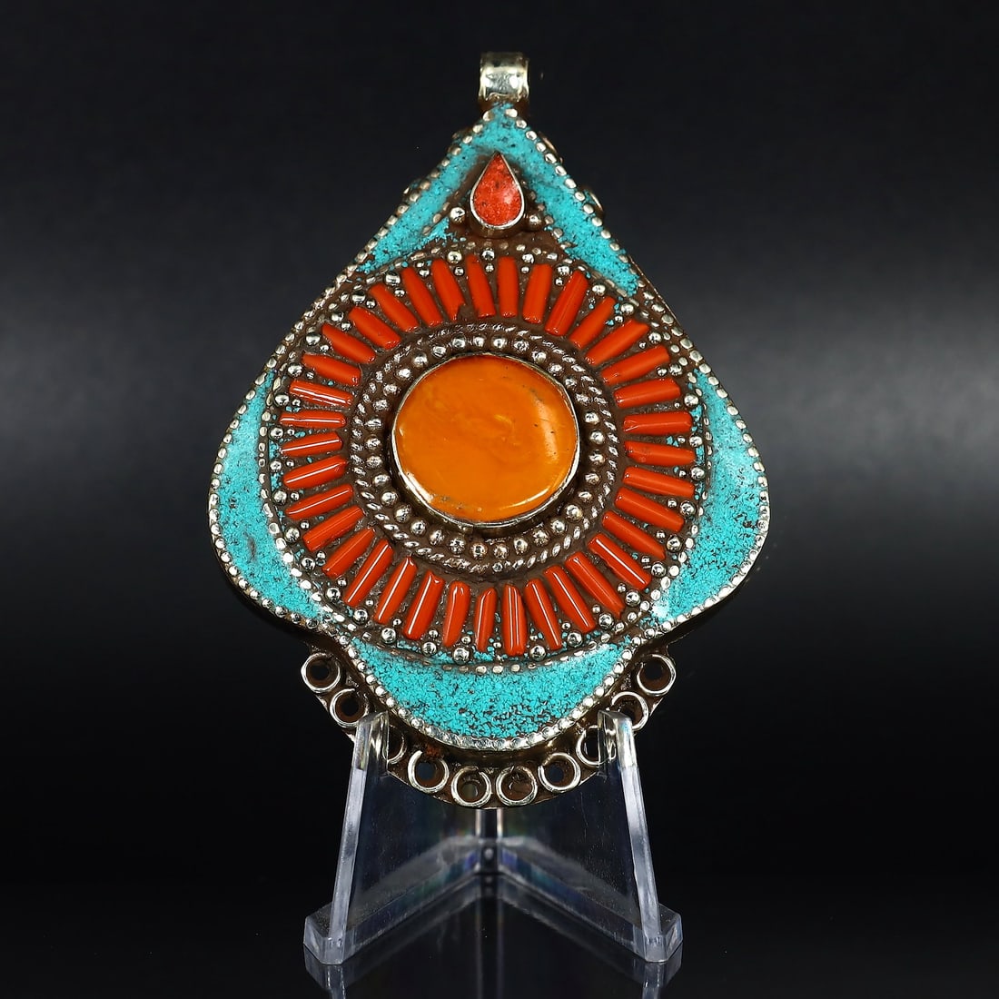 Vintage Himalayan Tibetan Bohemian Tribal Silver Inlaid Coral & Turquoise Locket Pendant: 8x5.5cm Weight: 66 grams