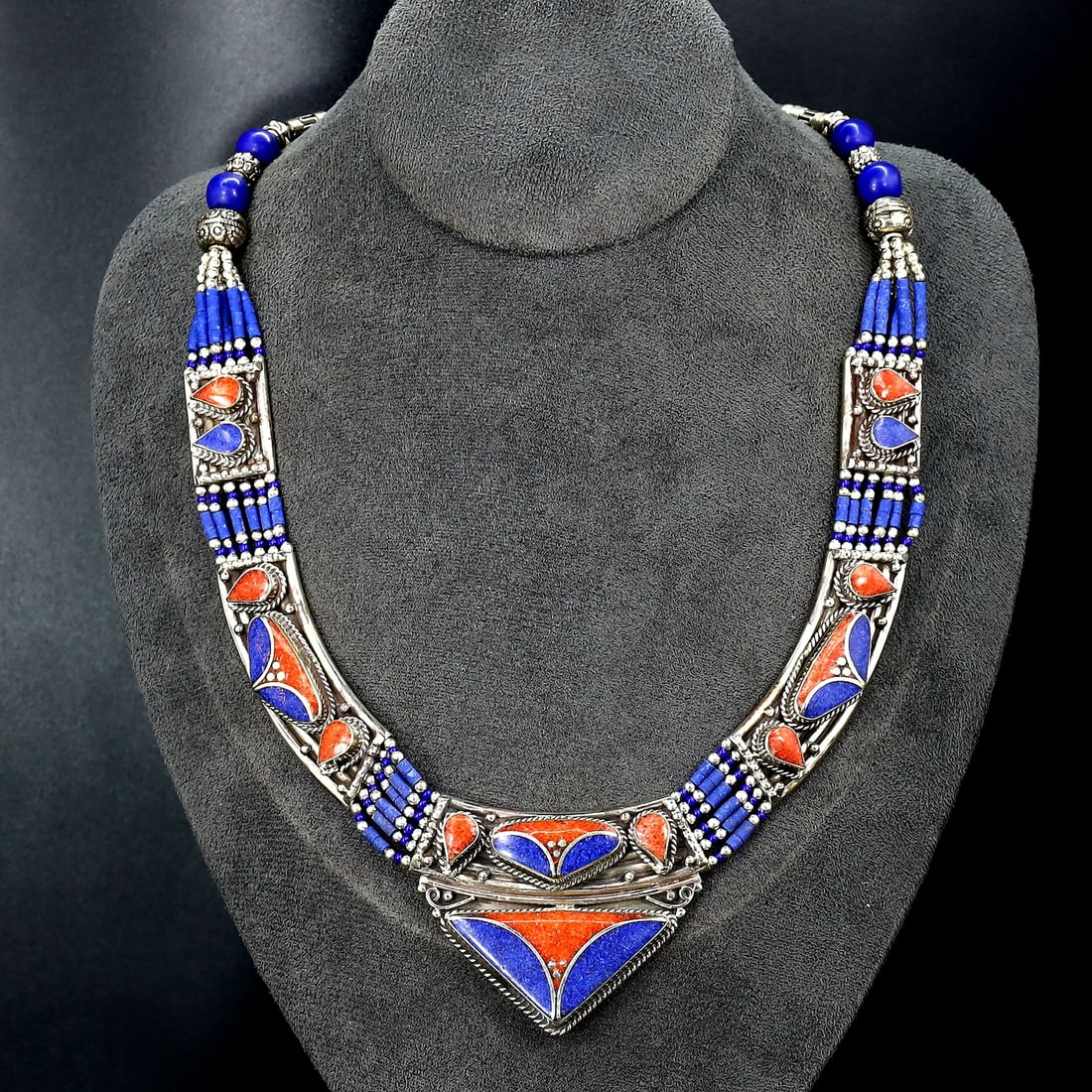 Vintage Himalayan Tibetan Bohemian Tribal Silver Inlaid Coral & Lapis Pendant Necklaces: 18''Inches Weight: 137 grams