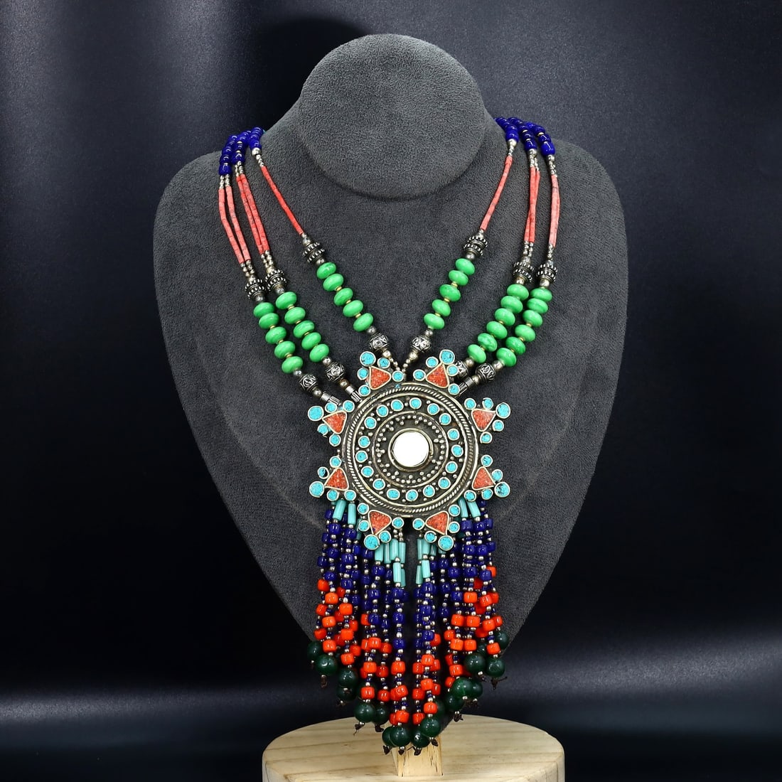 Vintage Himalayan Tibetan Bohemian Tribal Silver Inlaid Coral Turquoise & Lapis Pendant Necklaces: 25''Inches Weight: 165 grams