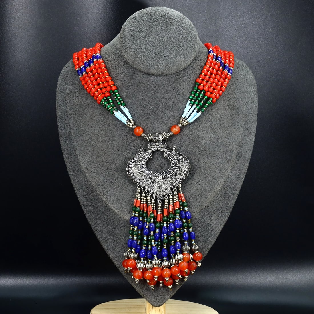 Vintage Himalayan Tibetan Bohemian Tribal Silver Inlaid Coral Turquoise & Lapis Pendant Necklaces: 25''Inches Weight: 120 grams
