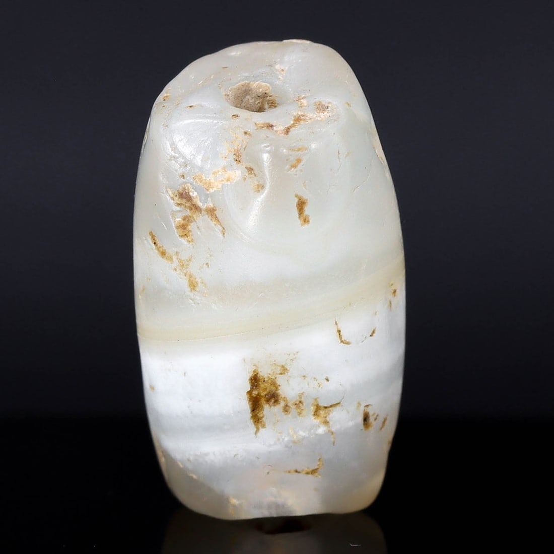Ancient Banded Agate Bead, Afghanistan (2400 BC - 2200 BC): Dimension: 18.8x10.8mm "Journey Through Time: Ancient Bronze Age Beads, Sculpture, and Ornaments, Featuring Himalayan Tibetan Agate Carnelian Dzi Beads" Unearth the timeless allure of ancient beads, s