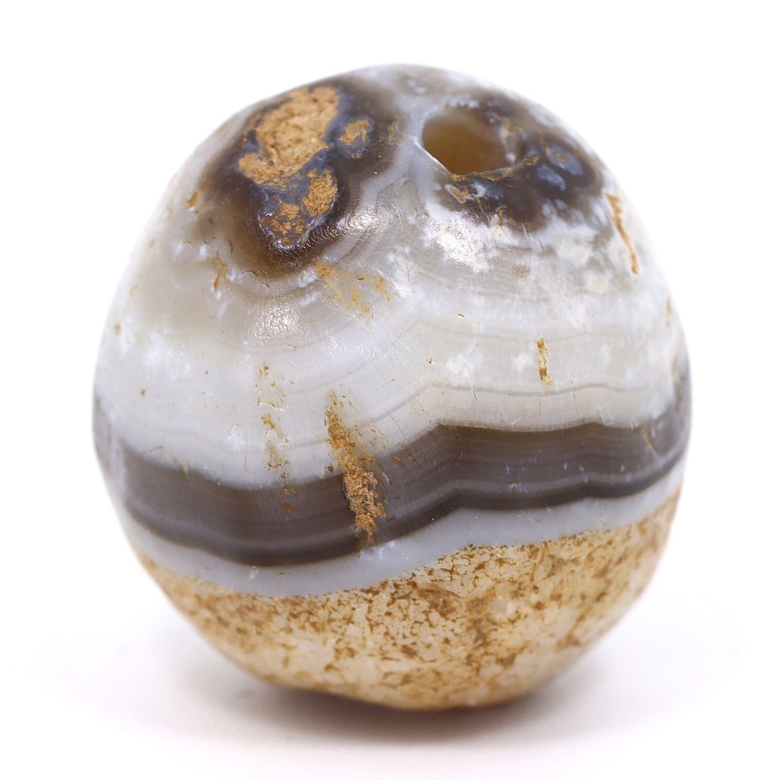 Ancient Banded Agate Bead, Pre-Achaemenid to Parthian Period (800 BC - 300 AD): Dimension: 15.8x14.8mm "Journey Through Time: Ancient Bronze Age Beads, Sculpture, and Ornaments, Featuring Himalayan Tibetan Agate Carnelian Dzi Beads" Unearth the timeless allure of ancient beads, s