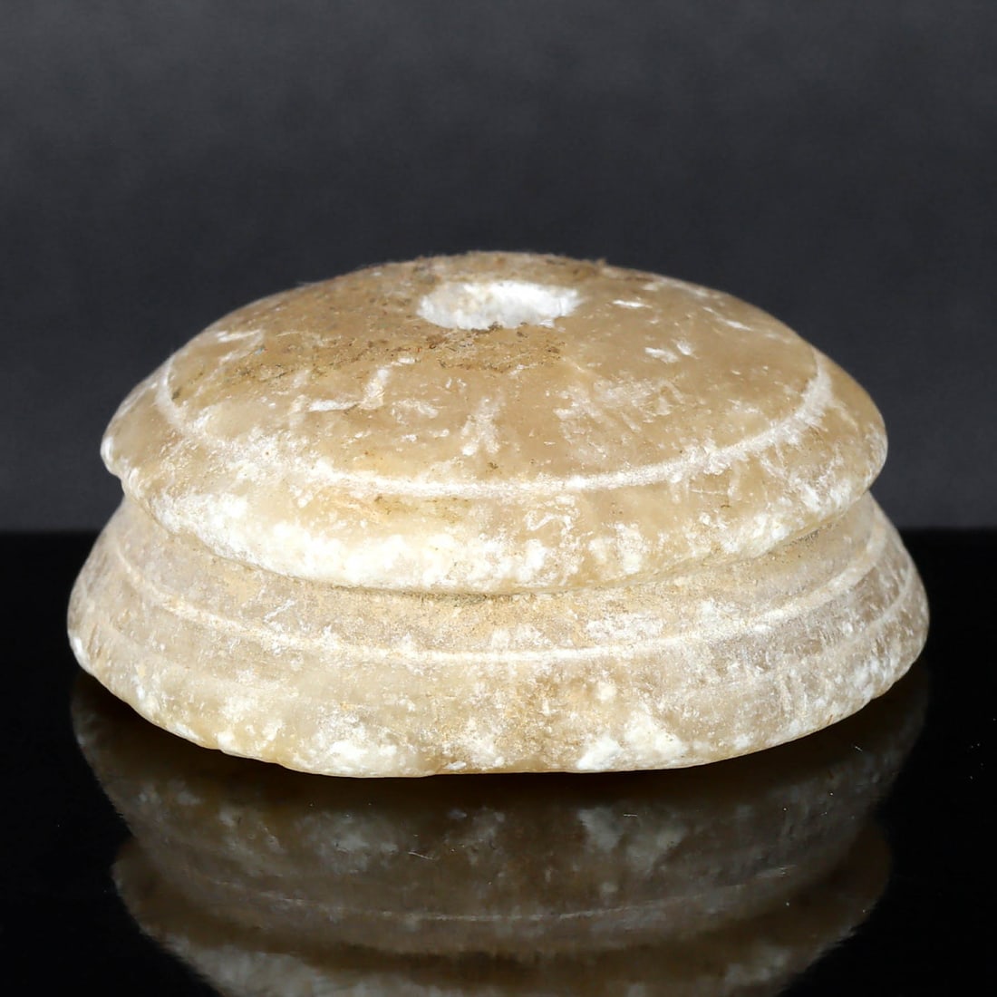 Ancient Convex Cone Disk Alabaster Bead, Middle East (2200 BC - 2000 BC): Dimension: 31x13mm "Journey Through Time: Ancient Bronze Age Beads, Sculpture, and Ornaments, Featuring Himalayan Tibetan Agate Carnelian Dzi Beads" Unearth the timeless allure of ancient beads, sculp