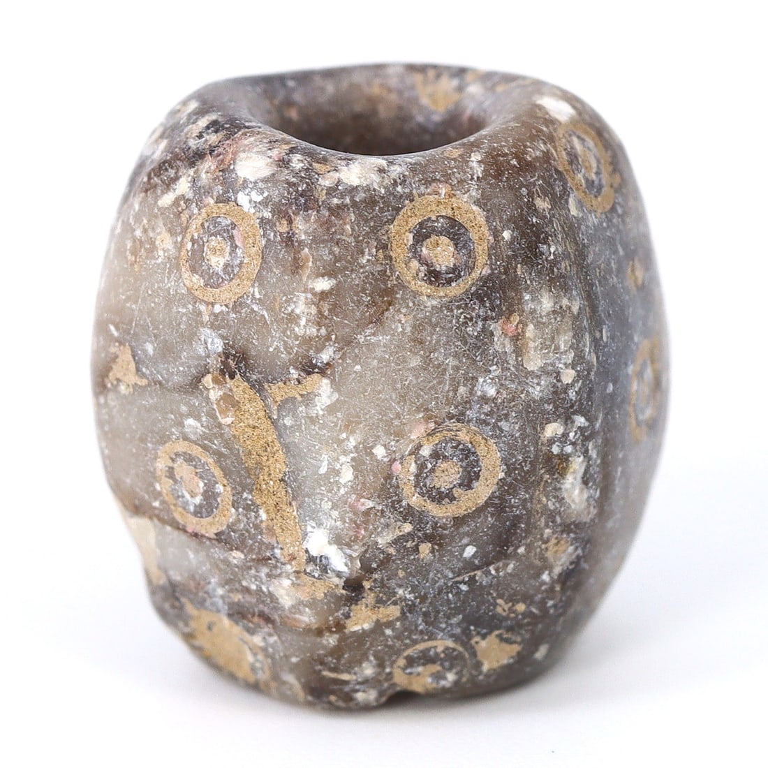 Ancient Stone Eye Bead, Mesopotamia (3400 BC - 2400 BC): Dimension: 17x15mm "Journey Through Time: Ancient Bronze Age Beads, Sculpture, and Ornaments, Featuring Himalayan Tibetan Agate Carnelian Dzi Beads" Unearth the timeless allure of ancient beads, sculp