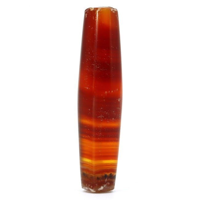 Antique Elongated Cylinder Banded Agate Bead, Himalayan (1650 AD - 1800 AD): Dimension: 36.2x8.8mm "Journey Through Time: Ancient Bronze Age Beads, Sculpture, and Ornaments, Featuring Himalayan Tibetan Agate Carnelian Dzi Beads" Unearth the timeless allure of ancient beads, sc