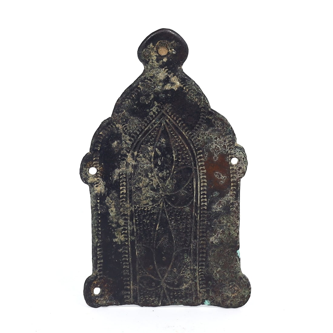 Antique Louha Mihrab Amulet: A Doorway to Islamic Devotion and Protection: Dimension: 65x40mm An ancient Louha amulet in the shape of a door or mihrab is a fascinating artifact that reflects the rich cultural and religious traditions of the Islamic world. The mihrab, in part