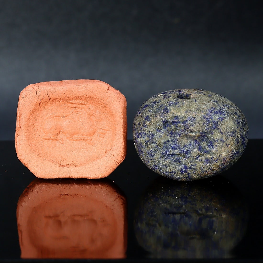 Ancient Lapis Lazuli Stamp Seal with Modern Impression, Sasanian Empire (3rdC AD - 7thC AD): Dimension: 25x20mm "Journey Through Time: Ancient Bronze Age Beads, Sculpture, and Ornaments, Featuring Himalayan Tibetan Agate Carnelian Dzi Beads" Unearth the timeless allure of ancient beads, sculp