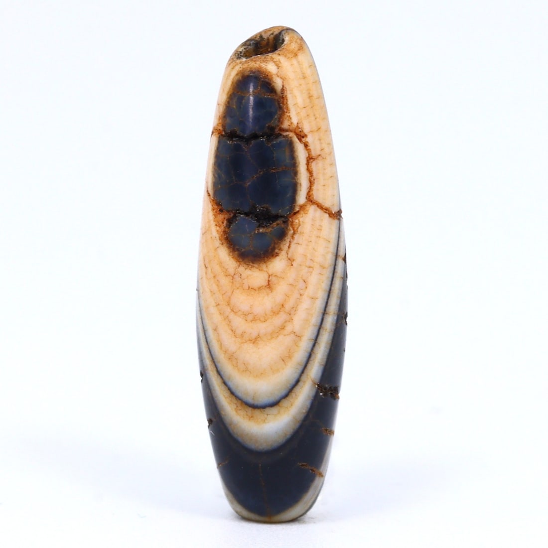 Ancient Sulemani Banded Agate Dzi Bead, Himalayan Pakistan (700 BC - 500 BC): Dimension: 20x6mm "Journey Through Time: Ancient Bronze Age Beads, Sculpture, and Ornaments, Featuring Himalayan Tibetan Agate Carnelian Dzi Beads" Unearth the timeless allure of ancient beads, sculpt