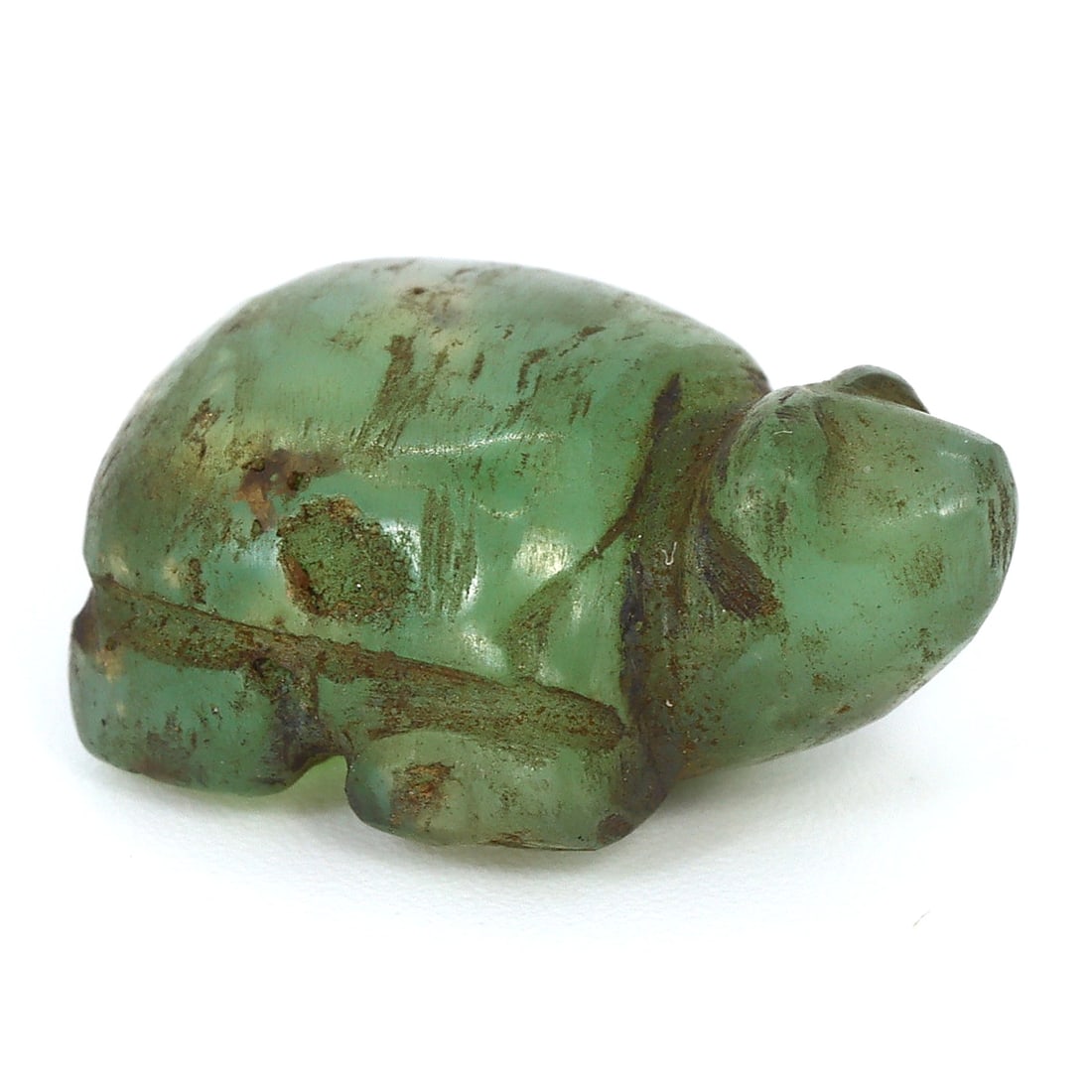 Ancient Chrysoprase Tortoise Zoomorphic Bead, Burma (1stC AD - 11thC AD): Dimension: 16x11.7mm "Journey Through Time: Ancient Bronze Age Beads, Sculpture, and Ornaments, Featuring Himalayan Tibetan Agate Carnelian Dzi Beads" Unearth the timeless allure of ancient beads, scu