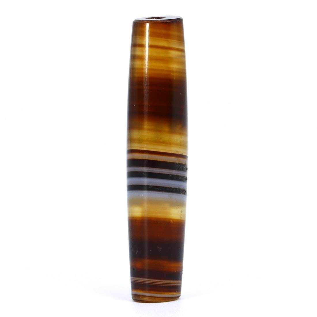 Antique Elongated Cylinder Banded Agate Dzi Bead, Himalayan (1650 AD - 1800 AD): Dimension: 40.8x8.8mm "Journey Through Time: Ancient Bronze Age Beads, Sculpture, and Ornaments, Featuring Himalayan Tibetan Agate Carnelian Dzi Beads" Unearth the timeless allure of ancient beads, sc
