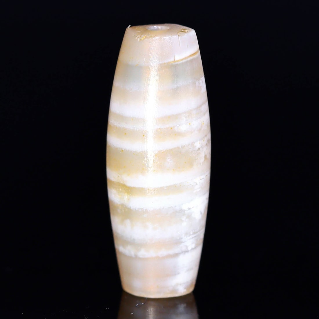 Antique 11 Stripes Banded Agate Dzi Bead, Himalayan (1650 AD - 1800 AD): Dimension: 14.7x55mm "Journey Through Time: Ancient Bronze Age Beads, Sculpture, and Ornaments, Featuring Himalayan Tibetan Agate Carnelian Dzi Beads" Unearth the timeless allure of ancient beads, scu