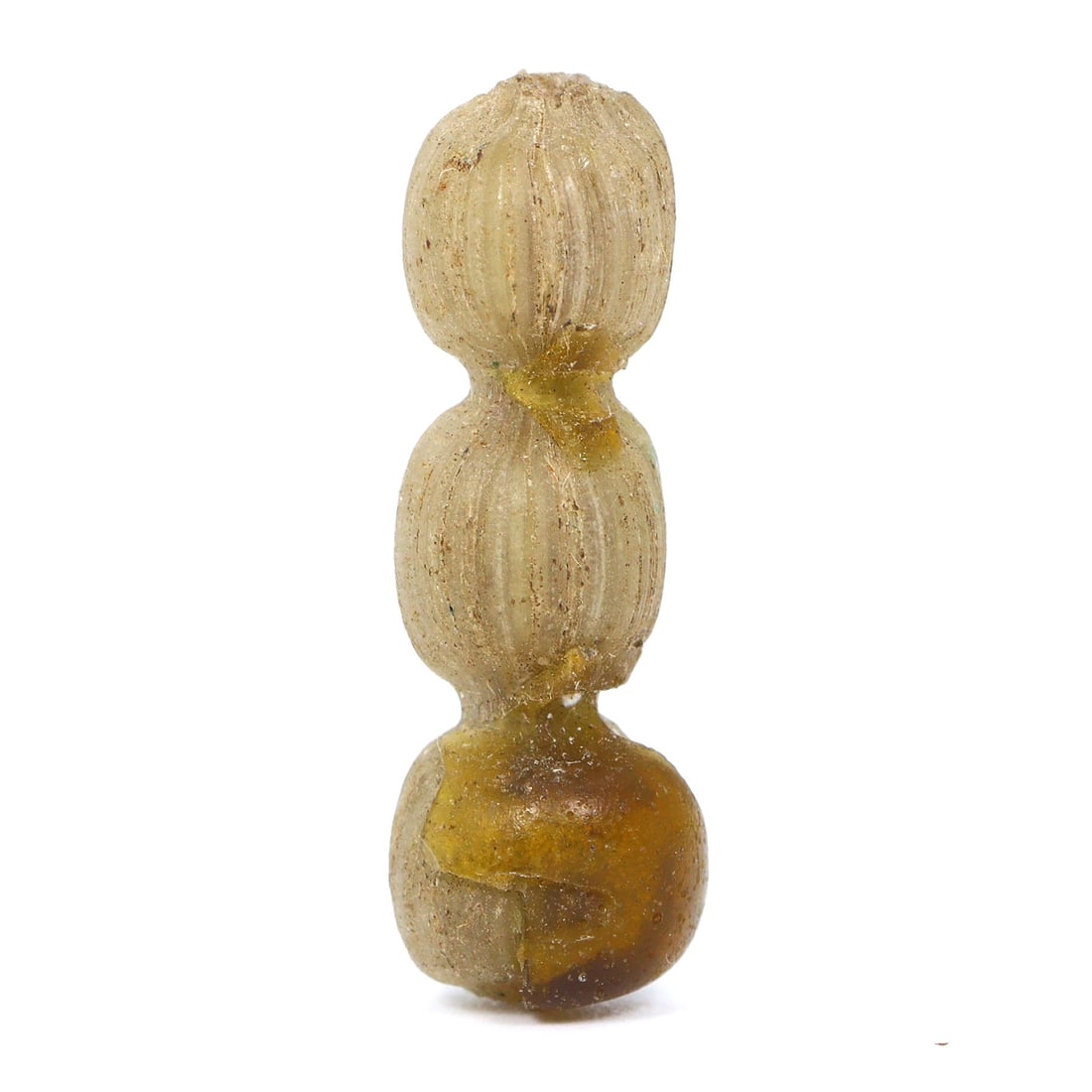 Ancient Sandwich Gold in Glass Bead, Hellenistic Period Greece (323 BC - 31 BC): Dimension: 23.5x7.5mm Addition Info: These diminutive wonders stand as a testament to the subtle artistry of ancient civilizations. While their size may deceive, their importance is monumental, unders