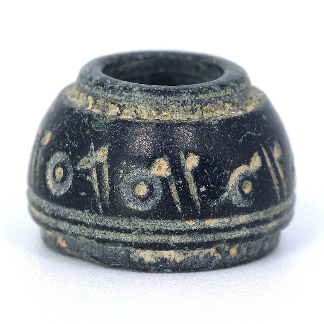 Ancient Steatite Stone Bead with Eyes Markings, Greco-Bactrian Kingdom (3rdC BC - 2ndC BC): Dimension: 10.8x7.2mm "Journey Through Time: Ancient Bronze Age Beads, Sculpture, and Ornaments, Featuring Himalayan Tibetan Agate Carnelian Dzi Beads" Unearth the timeless allure of ancient beads, sc