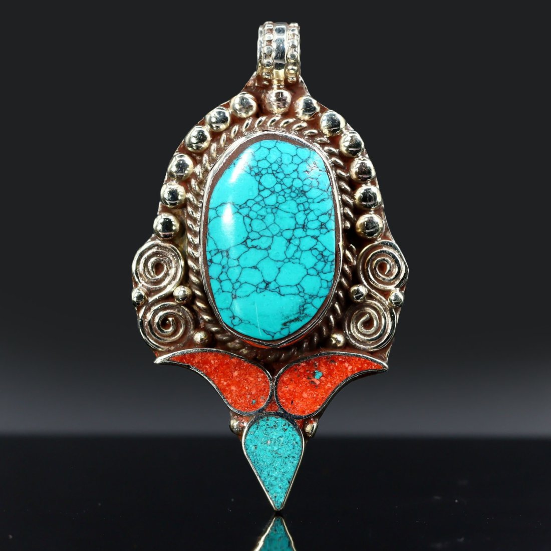 Vintage Himalayan Tibetan Bohemian Tribal Silver Inlaid Coral & Turquoise Locket Pendant: 6x3.5cm Weight: 32grams