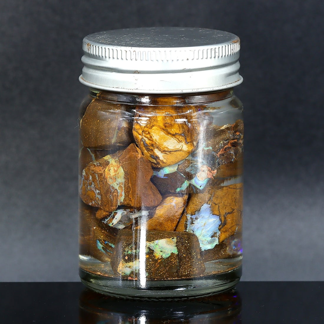 347Ct Australian Rare Fossilized Boulder Opal Raw Rough Jar (1 of 2)